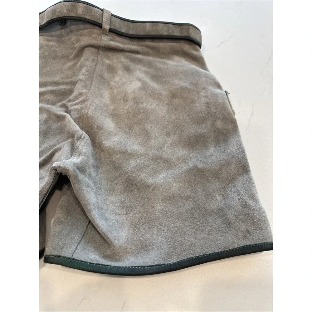 Vintage Grey Suede Lederhosen Shorts Black Leaf Applique Lace Up Alpine 25 Waist